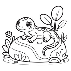Cartoon lizard sitting on a rock with plants around it Colouring Page