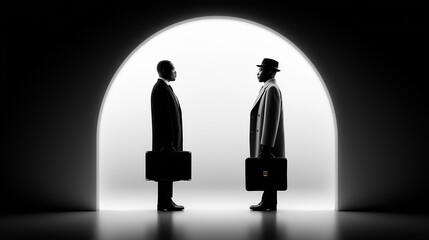 Shadowed Agreement: Two figures stand face-to-face within a glowing archway, briefcases at their sides, shrouded in the enigmatic allure of a clandestine pact.