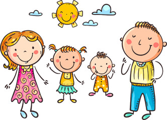 Happy doodle family clipart. Parents and little children, cute isolated characters