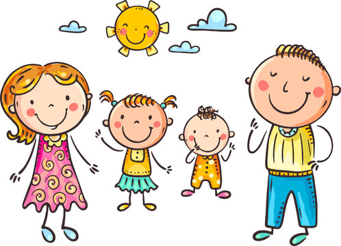 Happy doodle family clipart. Parents and little children, cute isolated characters