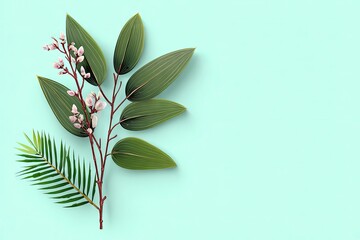 Obraz premium Green leaves and small pink flowers on mint-green background