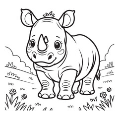 Cartoon rhino standing in a field outline black and white coloring page 