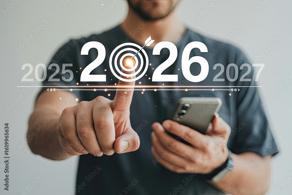 Poster man s hand pointing at the year 2026 with a target symbol in the center representing future goals an