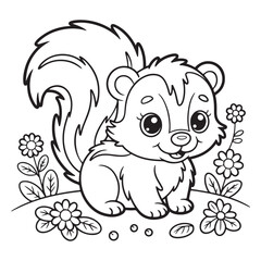 Cartoon skunk with flowers in a black and white line art coloring page 