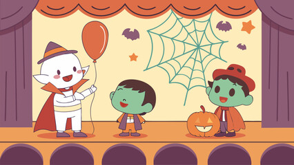 Cute kawaii halloween characters dressed as a vampire and zombies on a stage with a balloon pumpkin and spiderweb decorations celebrating the spooky holiday