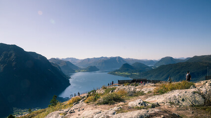 View from Åndalsnes lookout point Norway overlooking dramatic fjord mountains and valley...