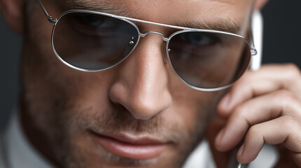 Sophisticated Elegance: A distinguished gentleman, adorned with stylish aviator sunglasses, engages in a poised phone conversation, exuding an air of refined sophistication.