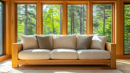 Fototapeta premium Beige sofa with wooden frame in a sunlit room with large windows.