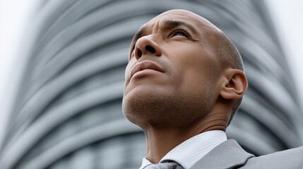 The Visionary: A close-up shot of a determined individual gazing upwards against the backdrop of an imposing skyscraper. This image encapsulates ambition, leadership, and the pursuit of goals. 