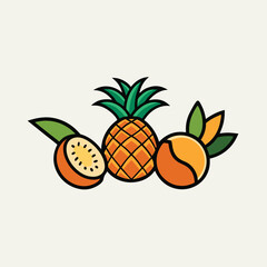 Tropical Fruit Illustration Pineapple Kiwi Orange Line Art Design