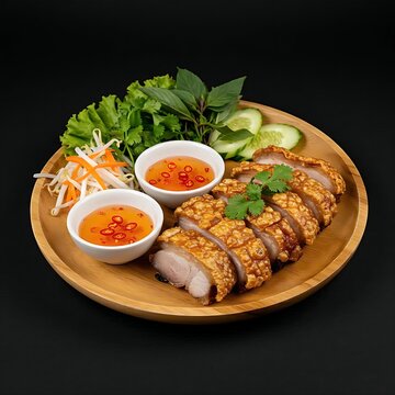 A plate of Vietnamese thit heo quay (crispy roast pork) with golden crackling skin, served with pickled vegetables and rice , , teak wood platter, wooden 