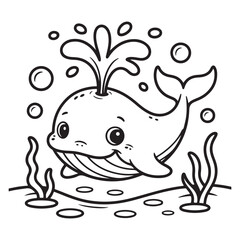 Cartoon whale blowing water with seaweed and bubbles outline coloring page 