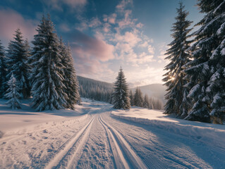 Serene winter landscape with snow-covered pine trees and a peaceful cross-country ski trail at sunset