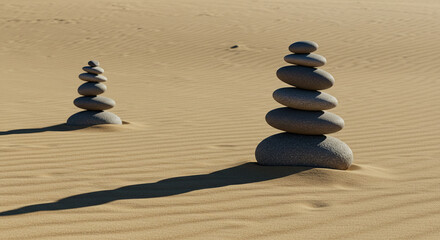 Nature background zen stones stacked on sand dunes for meditation and balance concept in desert landscape