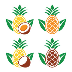 Tropical Fruit Icons Pineapple and Coconut Set Illustration