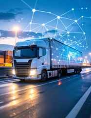 Modern truck on highway with global network graphic