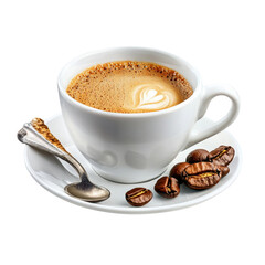 Fototapeta premium Creamy Coffee in White Cup with Heart Design, Silver Spoon, and Roasted Coffee Beans on White PlateTransparent background
