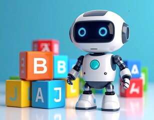 AI Education: Cute Robot Learning with Colorful Alphabet Blocks