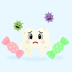 Cute Cartoon Unhealthy Tooth Character with Bacteria and Candy Illustration. Unhealthy tooth character with sad expression surrounded by bacteria and holding candy. Concept for dental health.
