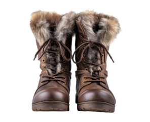 Pair of brown leather winter boots with faux fur cuffs