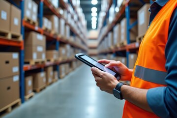Warehouse Worker Scanning Boxes with Tablet