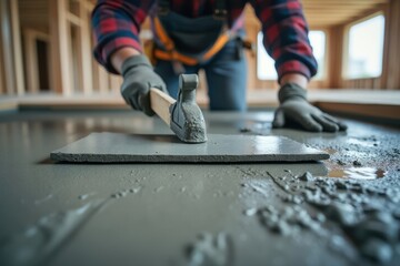 Construction Worker Laying Concrete Floor Tiles
