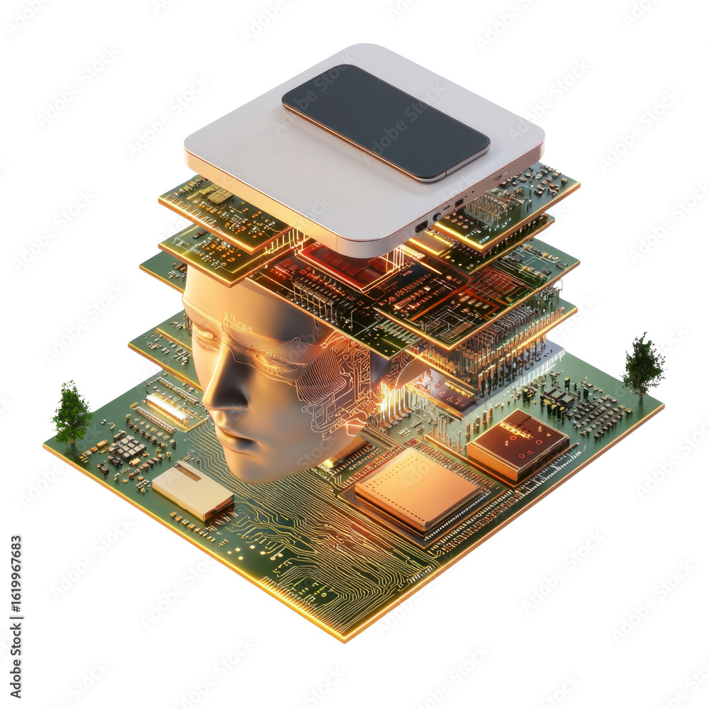 Poster futuristic digital head surrounded by layers of computer circuitry and smartphone, representing arti