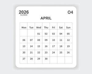 Calendar 2026 April one page corporate unique business design template