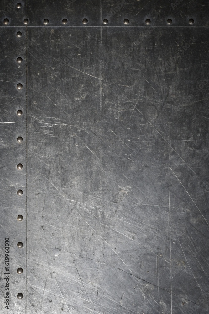 Poster a full frame close up of a scratched metal surface with rivet details creating a textured industrial