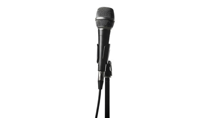 Obraz premium Professional black microphone on stand for singing and recording studio audio equipment isolated on white on transparent background