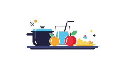 Healthy meal preparation and balanced nutrition on a tray with fresh fruits and cooked food illustration
