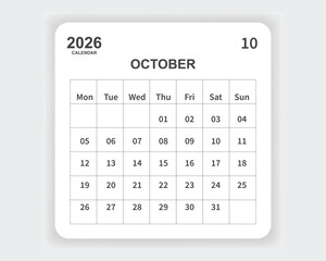 Calendar 2026 October one page corporate unique business design template