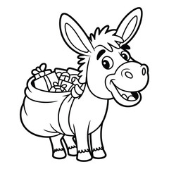 Cartoon donkey carrying a bag full of christmas presents coloring page 