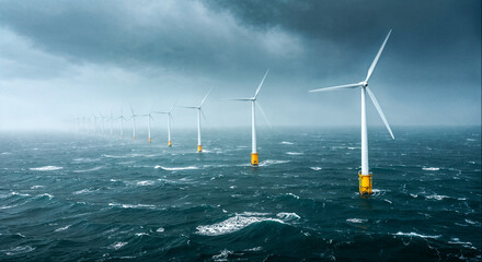 Wind turbines generate renewable energy in a stormy sea landscape under cloudy skies