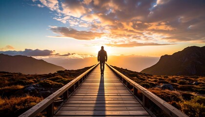 Obraz premium Man walks a wooden path at sunrise