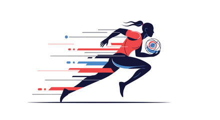 Obraz premium Dynamic athletic runner kicking ball with streaks of red and blue illustrating speed and agility