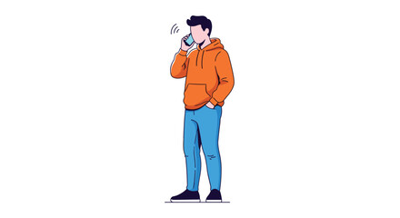 Fototapeta premium A casual young man in blue jeans and an orange hoodie standing while holding a phone to his ear