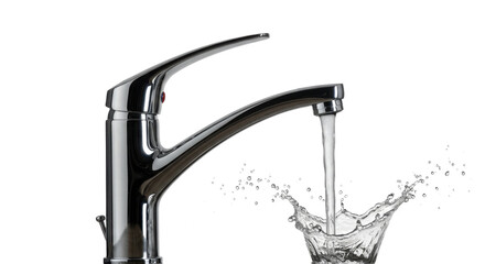 Obraz premium Water flowing from tap into splash isolated PNG with Transparent Background