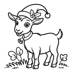 Cartoon goat wearing santa hat with bell in outline style coloring page 