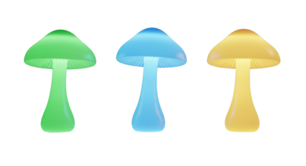Three luminous mushrooms in green, blue and yellow colors isolated PNG with Transparent Background