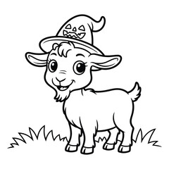 Goat wearing a halloween hat standing in grass outline art coloring page 