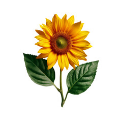 Obraz premium Bright sunflower with vibrant yellow petals and green leaves, symbolizing joy and warmth. Perfect for nature themed designs or floral arrangements