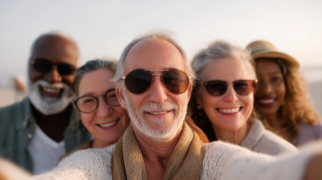 Stylish retirees enjoying a joyful beach selfie at golden hour