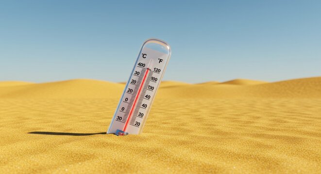 A thermometer, partially buried in sand dunes under a bright blue sky, displaying a high temperature