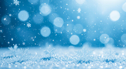 Winter Snowflakes: Shimmering Blue Bokeh Background
