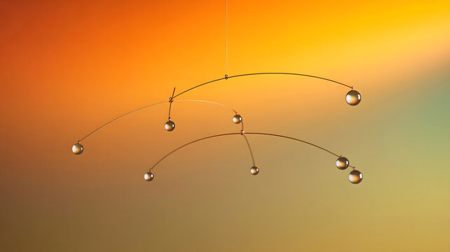 Delicate glass orbs suspended on thin metal wires against a warm gradient background mobile hanging