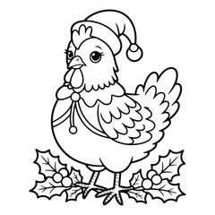 Chicken wearing santa hat with holly leaves illustration coloring page 