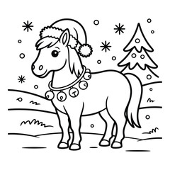 Cartoon horse wearing santa hat in winter coloring page