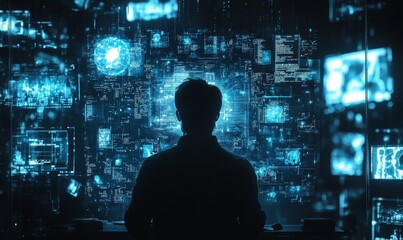 AI cybersecurity concept featuring a male IT computer specialist analyzing artificial intelligence digital threats to consumer data and privacy breaches. He is coding software, Generative AI