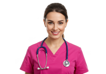 Smiling young female medical professional wearing pink scrubs and stethoscope isolated on transparent background